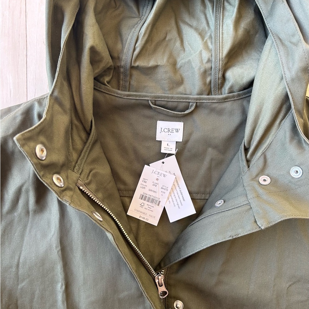 J. Crew Resin Coated Cotton Twill Hooded Women’s Jacket Loden Green Large NWT - Picture 8 of 16
